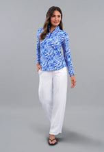 IBKUL Women's Yesenia Long Sleeve Zip Mock Neck Shirt - Blue/White