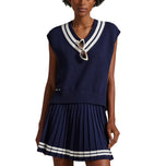 RLX RALPH LAUREN WOMER'S COTTOR V NECK无袖毛衣背心 - 精制海军/陶瓷白色